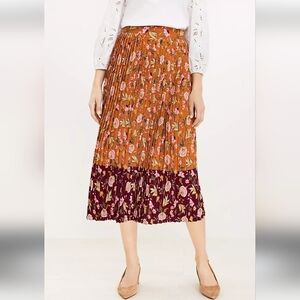 Loft Floral Pleated Midi Skirt Size 14 Contrast Color Print Flowy Spring Femme